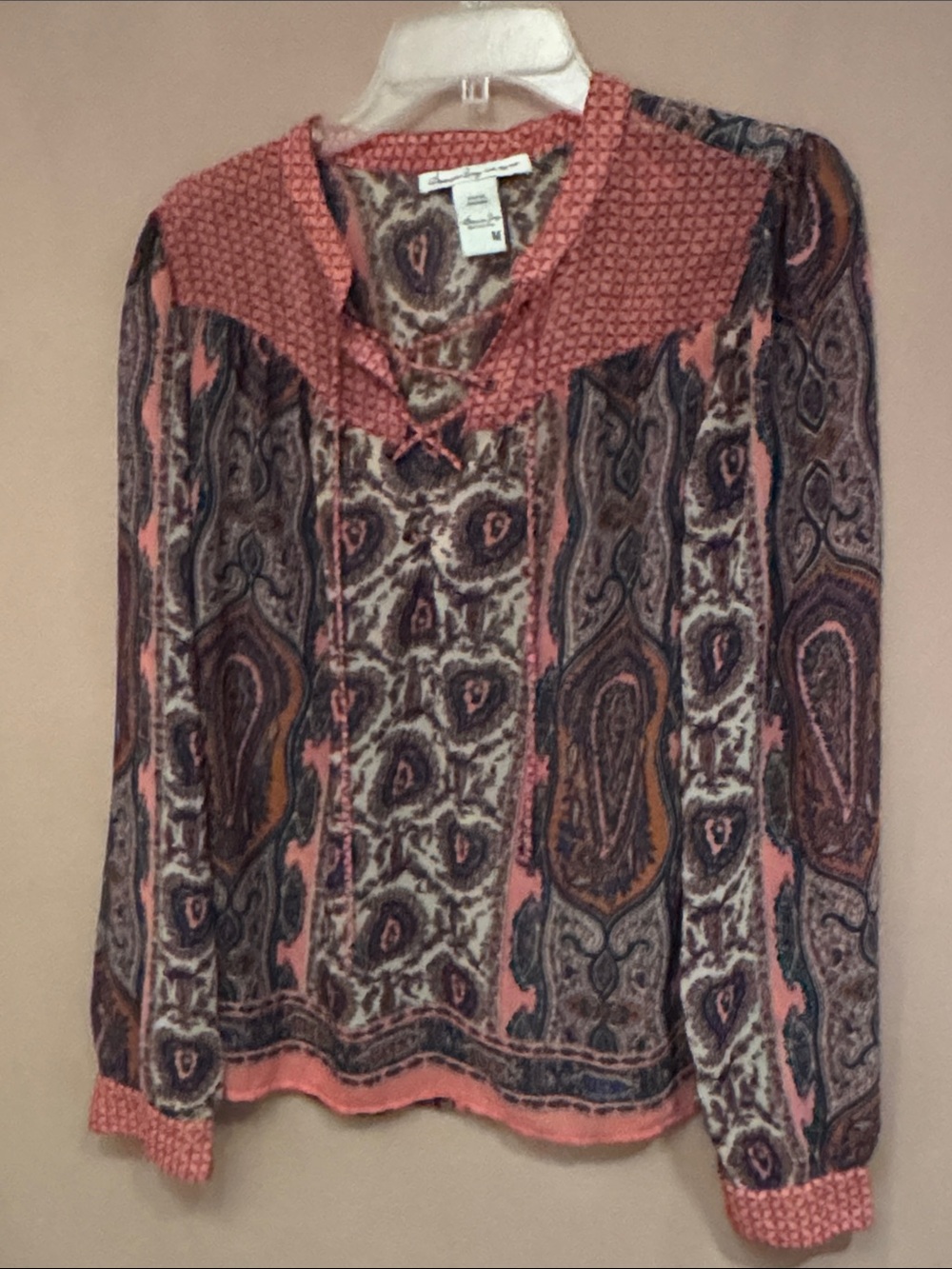 American Rag Coral and Brown Paisley Long-Sleeve Blouse